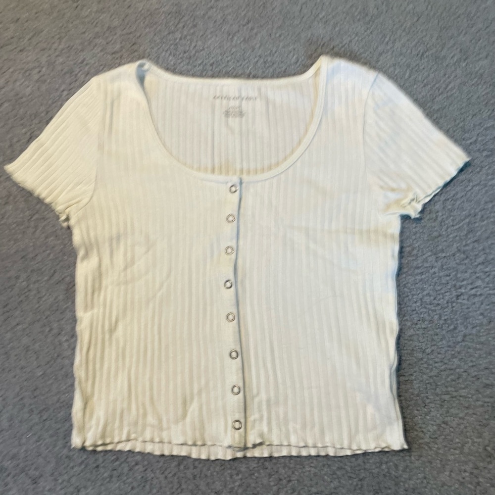 American Eagle Baby Tee Button Up White Ribbed Small